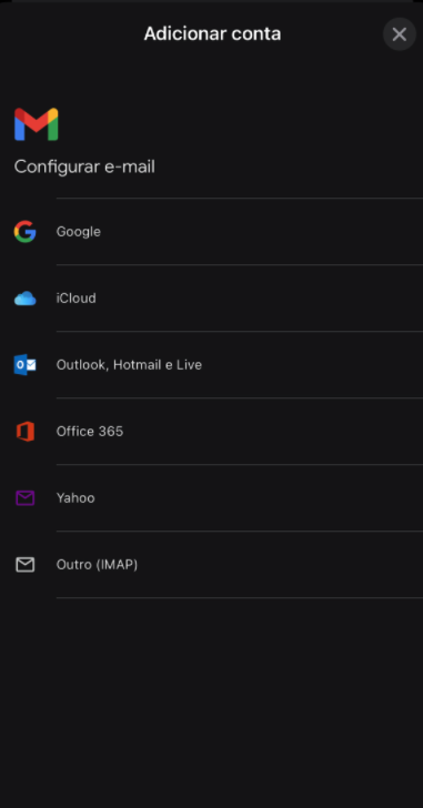 Tela de seleção de tipo de conta