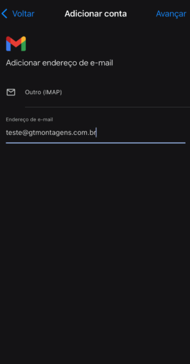Tela para inserir o endereço de e-mail